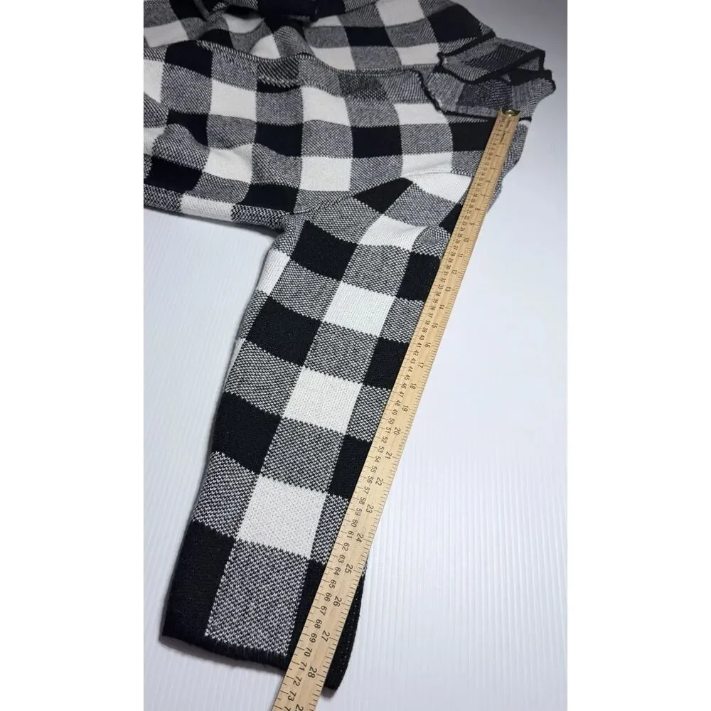 Talbots Black White Buffalo Plaid Open Cardigan Womens XL Knit Sweater w/Pockets